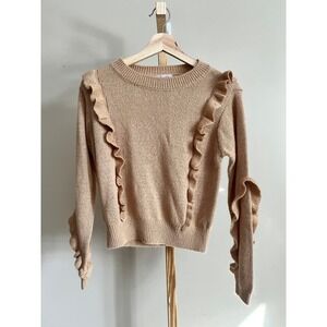 BCBGeneration Tan Camel Ruffle Trim Long Sleeve Knit Sweater Womens XS